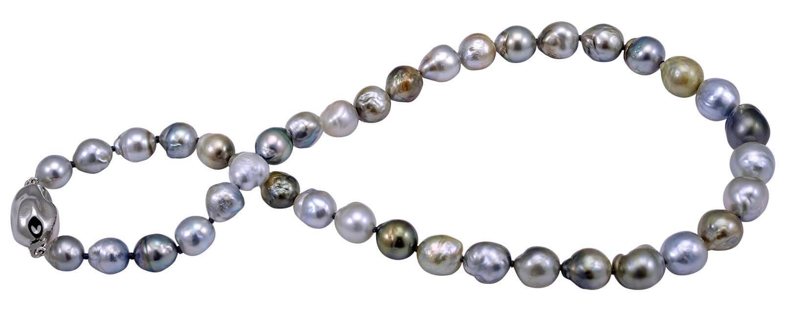 Wonderful organic shape Tahitian Pearl necklace with Silver baroque shape clasp.