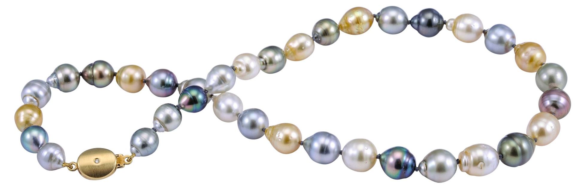 Multi-colour Baroque Tahitian Pearl necklace with 18ct Diamond set clasp
