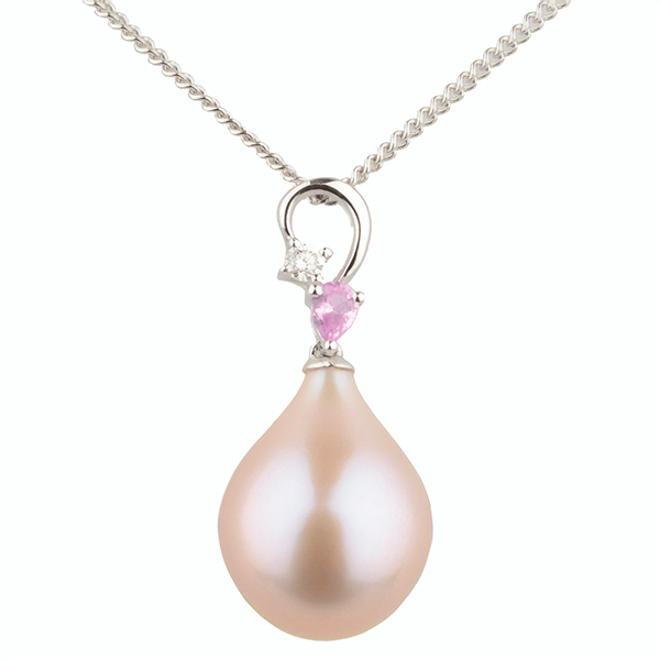 Freshwater Drop Pearl Diamond & Sapphire Pendant | 18 ct White Gold