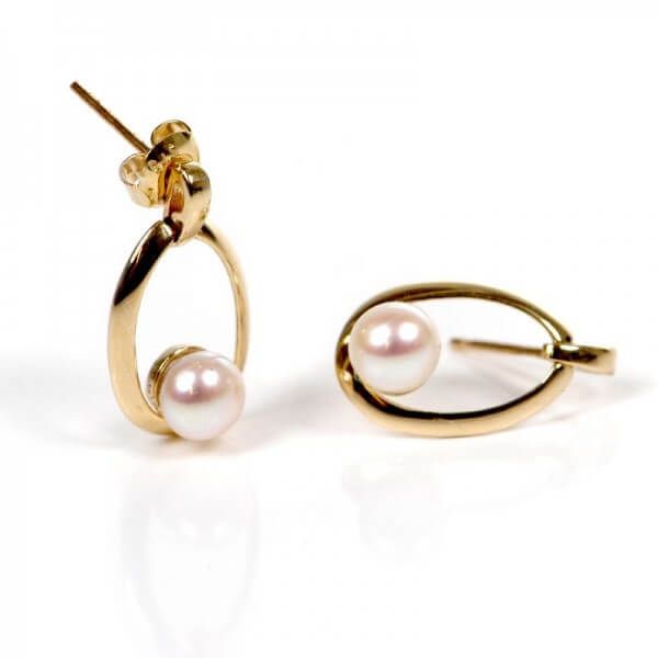 Yellow gold oval hoop pearl drop earrings