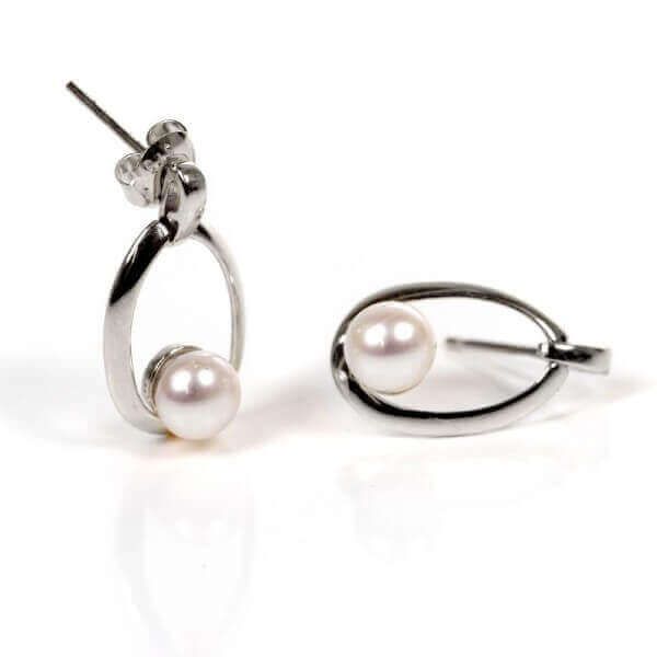 White gold oval hoop pearl drop earrings