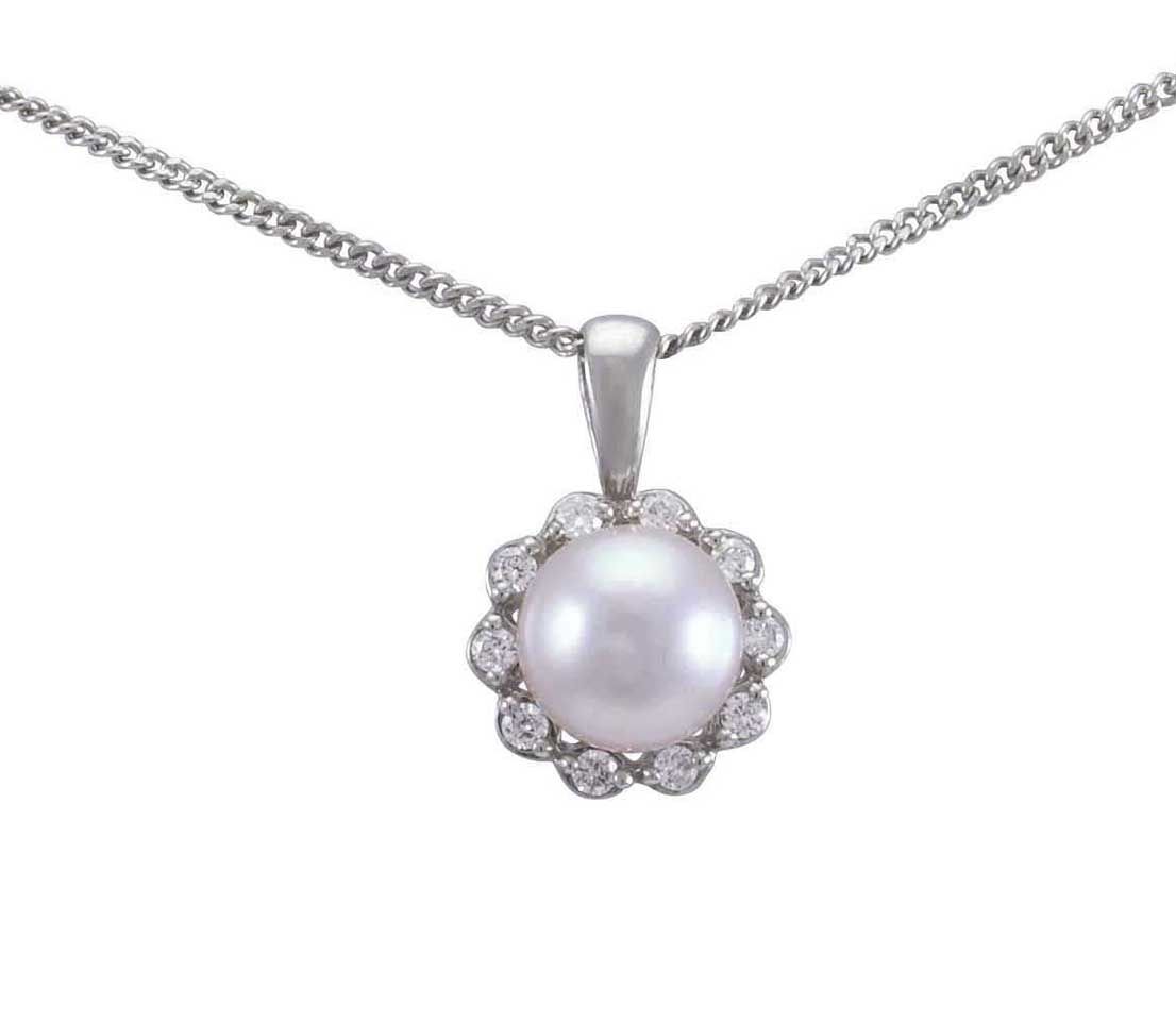 9ct White Gold Freshwater Pearl and Diamond Cluster Pendant