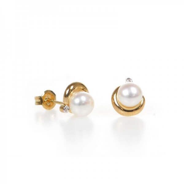 Yellow gold crescent design pearl and diamond earrings