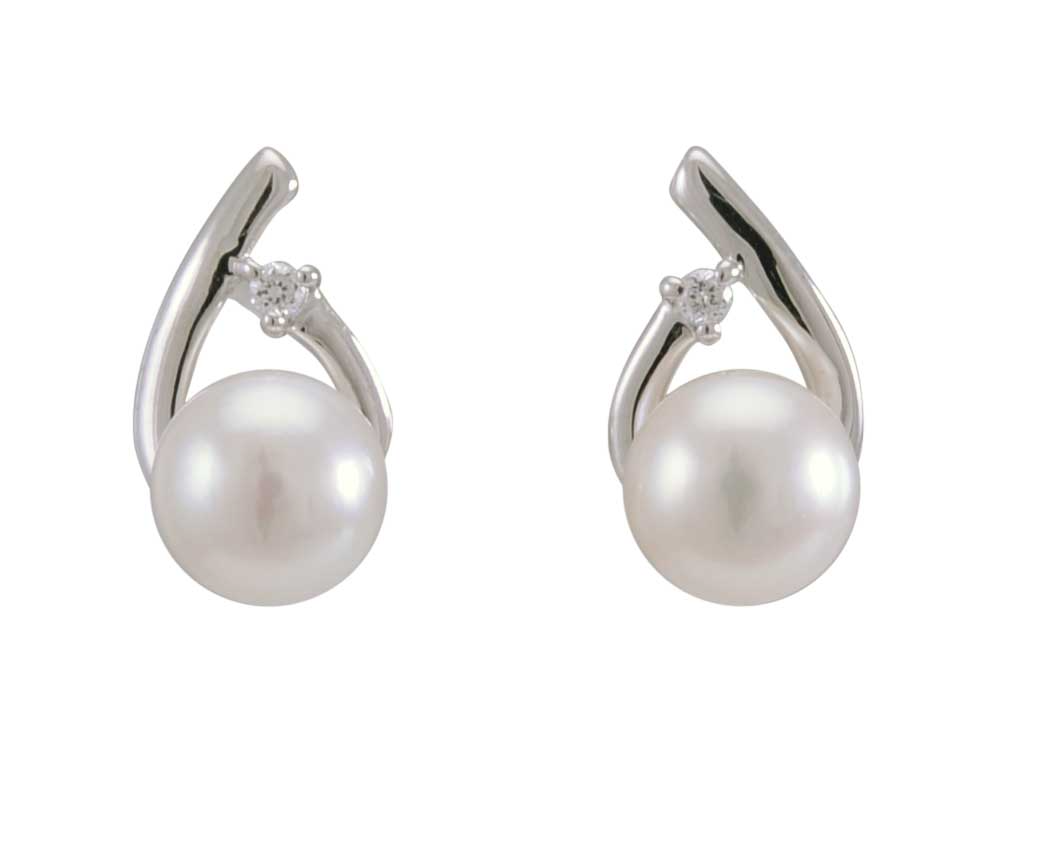 Freshwater Pearl & Claw Set Diamond Crossover Stud Earrings  |  9ct White Gold