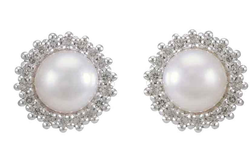 Freshwater Pearl and Diamond Halo Cluster Earrings  |  9ct White Gold