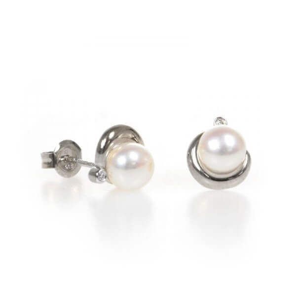White gold crescent design pearl and diamond earrings