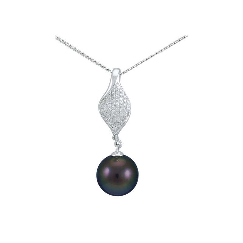 Tahitian Pearl & Diamond Contemporary Twisted Leaf Design Pendant  |  18ct White Gold