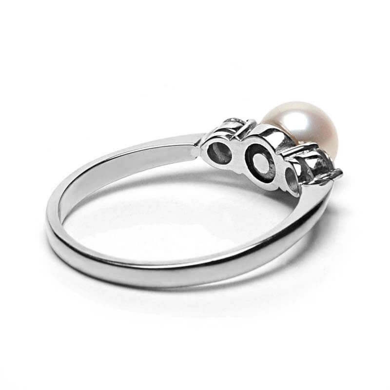 Three stone pearl and diamond ring back view