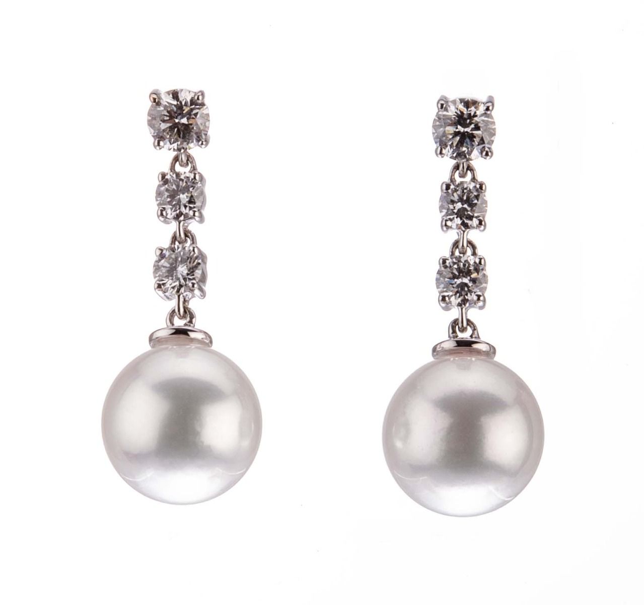  akoya and triple diamond drop earrings