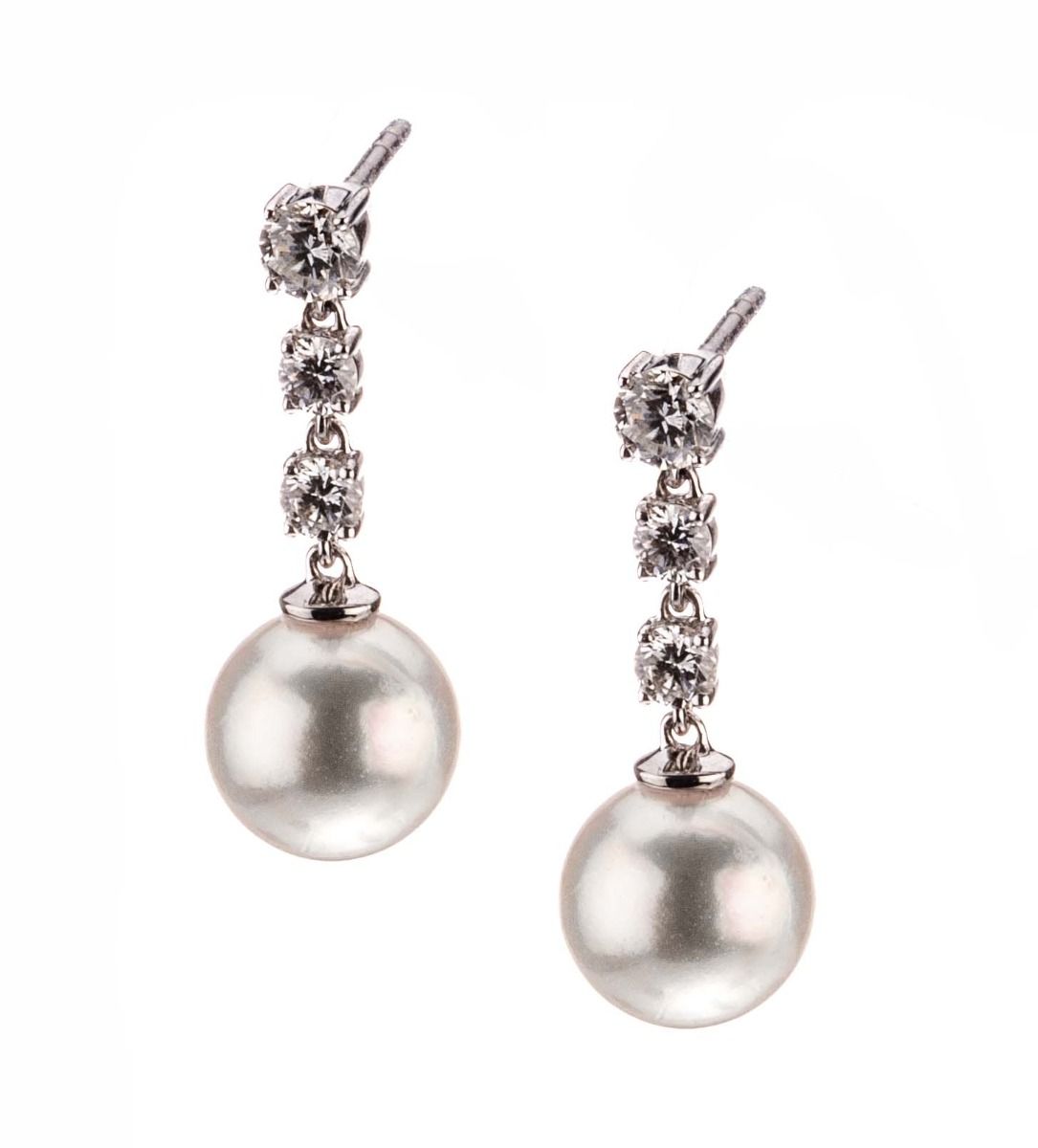  akoya and triple diamond drop earrings side view