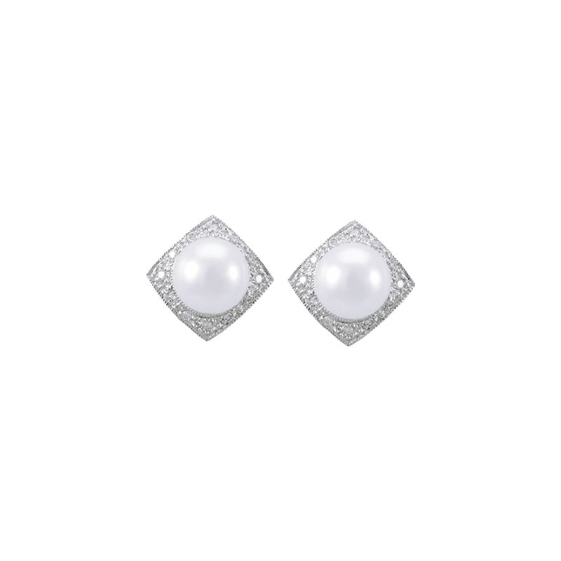 Akoya Pearl & Diamond Vintage Style Geometric Stud Earrings  |  18ct White Gold