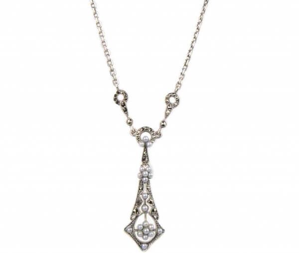 Antique Style Marcasite & Seed Pearl Detachable Necklace  |  Silver