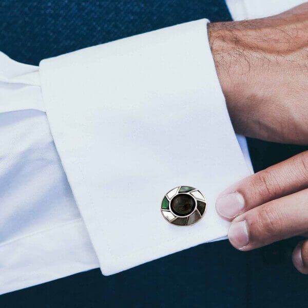 Circular Black & White Mother of Pearl Inlay Cufflinks | Silver