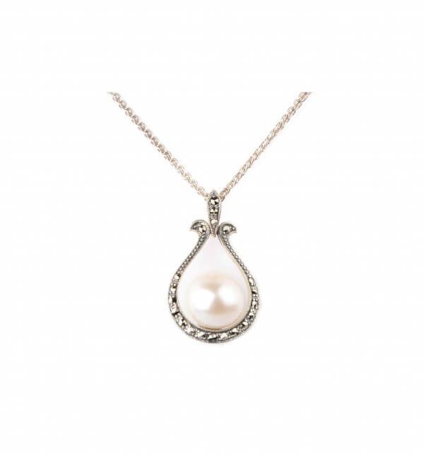 Baroque Freshwater Pearl & Marcasite Pendant with Chain | Silver
