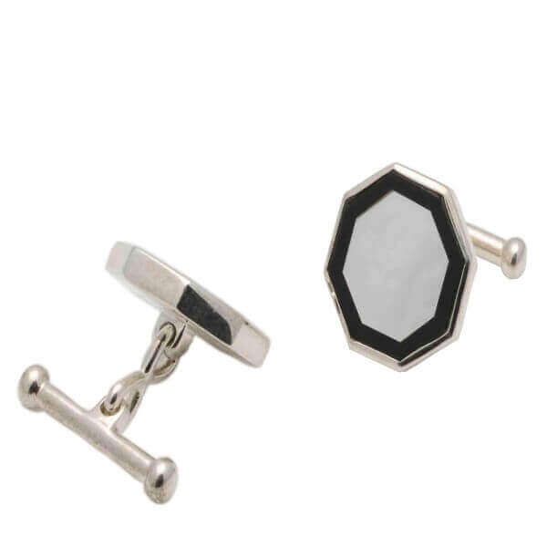 Octagonal Mother of Pearl and Black Onyx Cufflinks | Silver