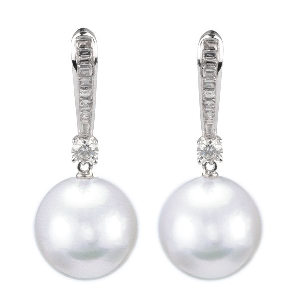 18ct South Sea Pearl and Baguette Diamond lever back drop earrings