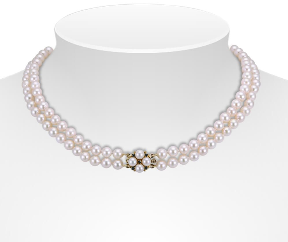 Double Row Akoya Pearl Necklace With Sapphire & Pearl Clasp On Bust