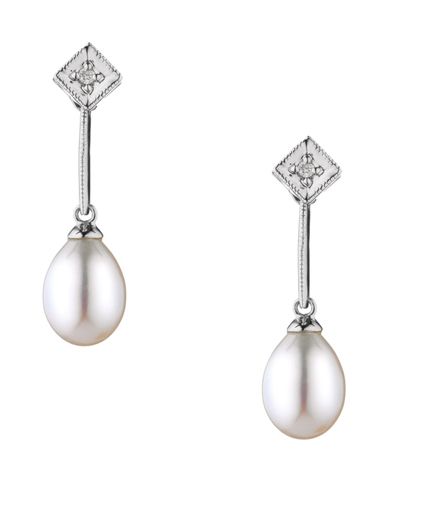 Edwardian Design Freshwater Pearl & Diamond Drop Earrings  |  9ct White Gold