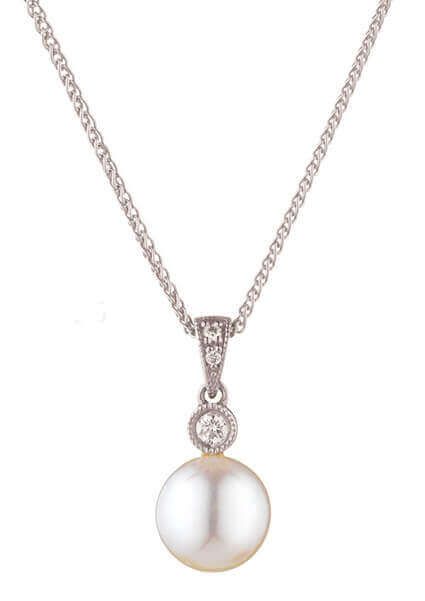 Vintage Style Freshwater Pearl & Diamond Pendant | 9ct White Gold