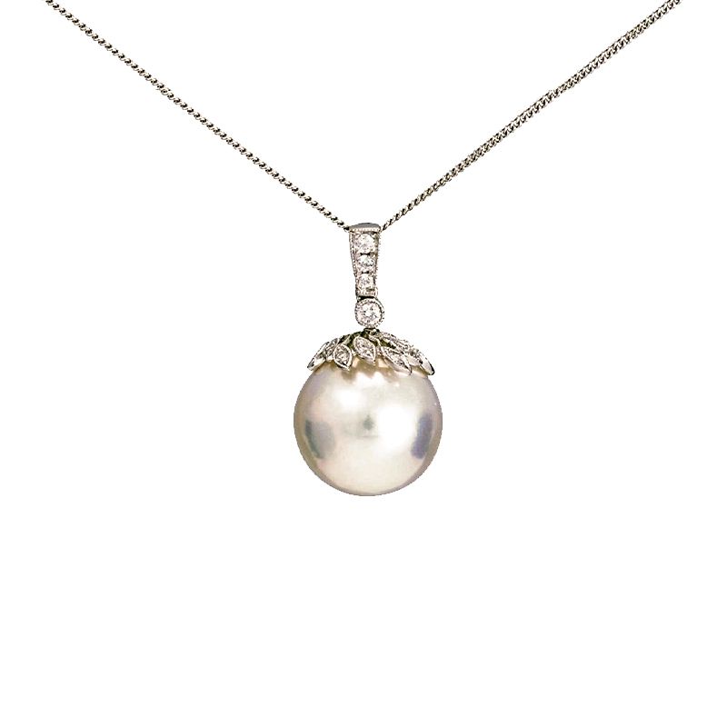 South Sea Pearl & Diamond Leaf Motif Design Pendant  |  18ct White Gold
