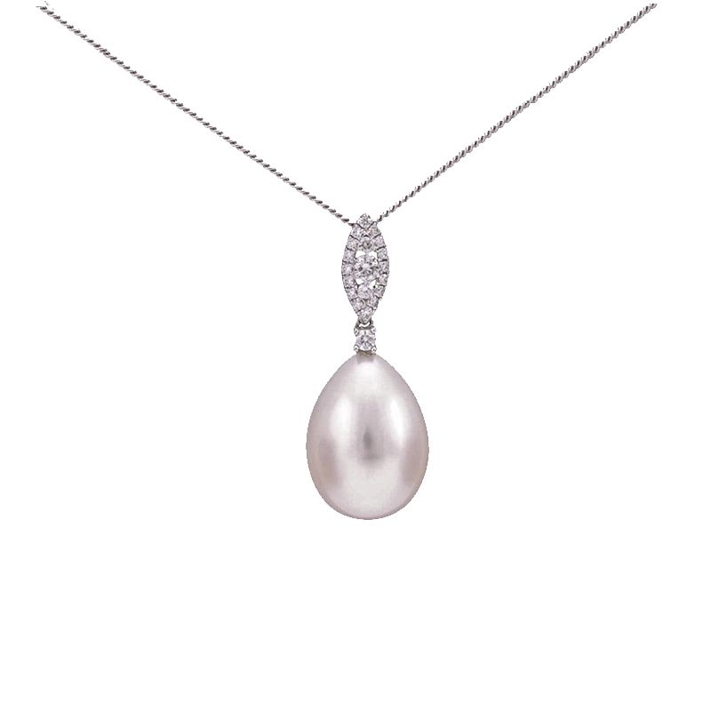 Freshwater Pearl and Diamond Navette Shape Pendant  |  18ct White Gold