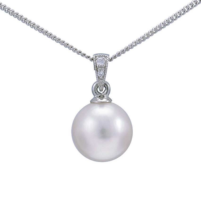 Vintage Style Akoya Pearl & Grain Set Diamond Pendant | 9ct Gold