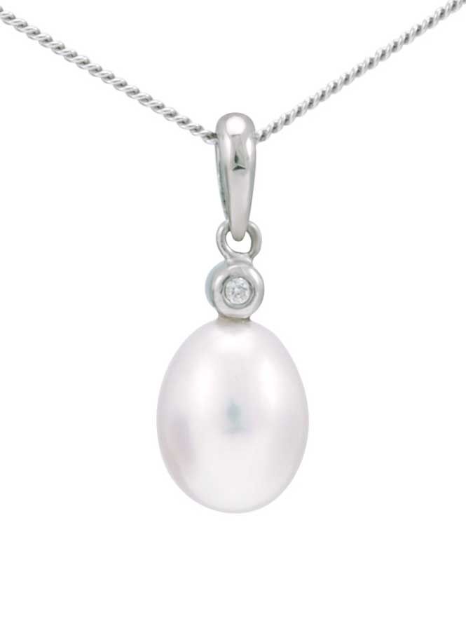 Sweet simple Pearl and Diamond Dropper Pendant in gold.