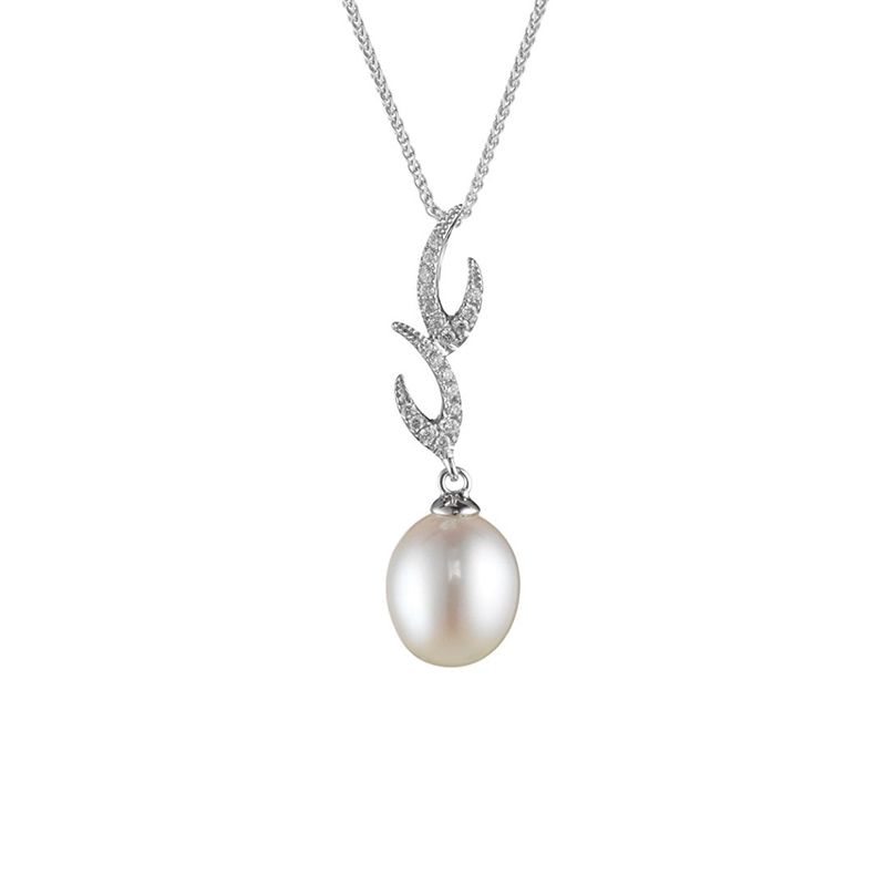 Contemporary Flame Design Freshwater Pearl & Diamond Pendant  |  18ct White Gold