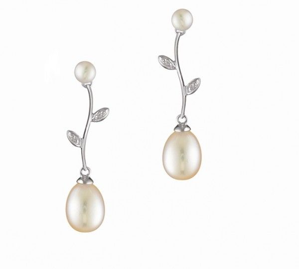 Freshwater Pearl Foliate Drop Earrings  |  9ct Gold