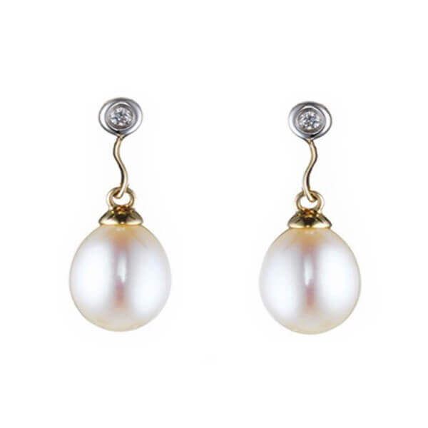 Freshwater Drop Pearl & Diamond Earrings | 9ct Yellow Gold