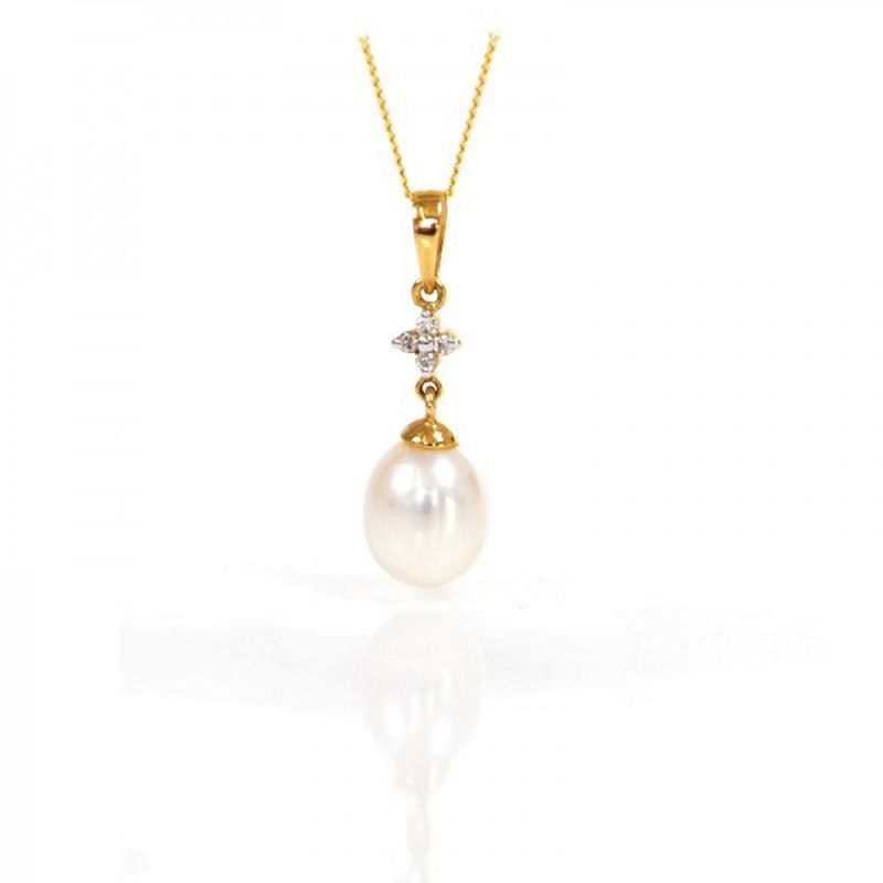 Freshwater Pearl & 4 stone Diamond Drop Pendant | 9ct Yellow Gold