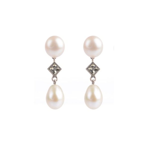 Freshwater Cultured Pearl & Marcasite Double Drop Earrings  |  Silver 