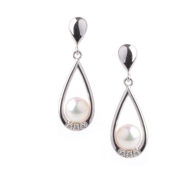 Freshwater Pearl & Diamond Drop Earrings  |  18ct White Gold