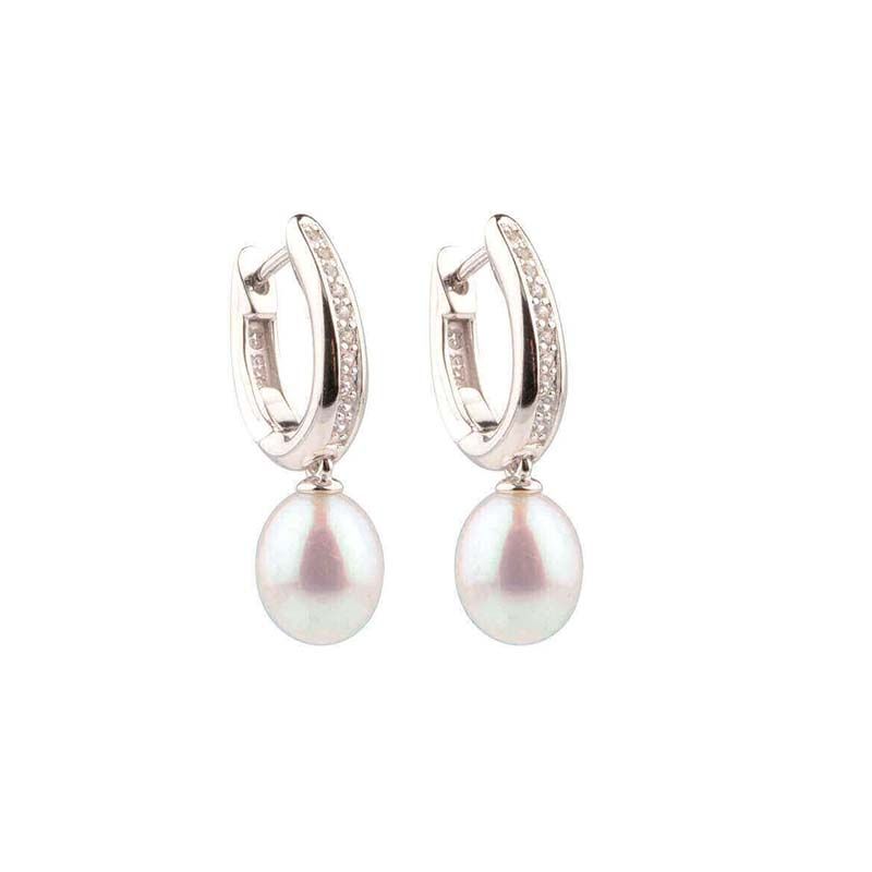 Freshwater Pearl & Cubic Zirconia Large Huggie Earring  |  Silver