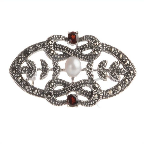 Freshwater Pearl & Marcasite Garnet Brooch | Silver