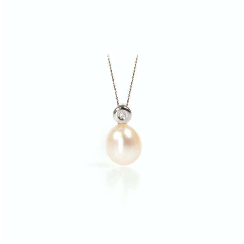 Simple Freshwater Pearl & Diamond Drop Pendant | 9 ct White Gold