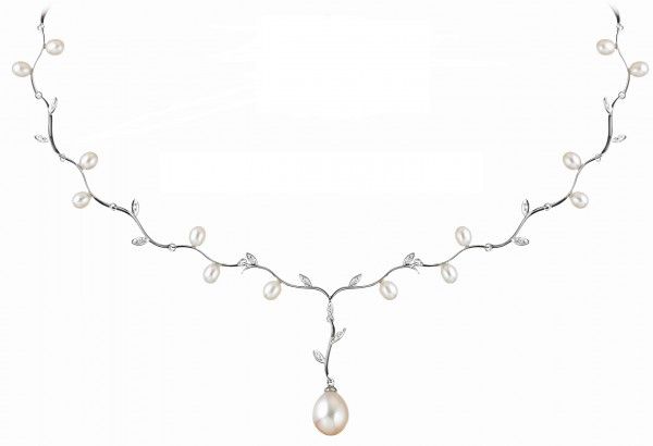 White Gold Foliate Design Pearl & Diamond Necklace