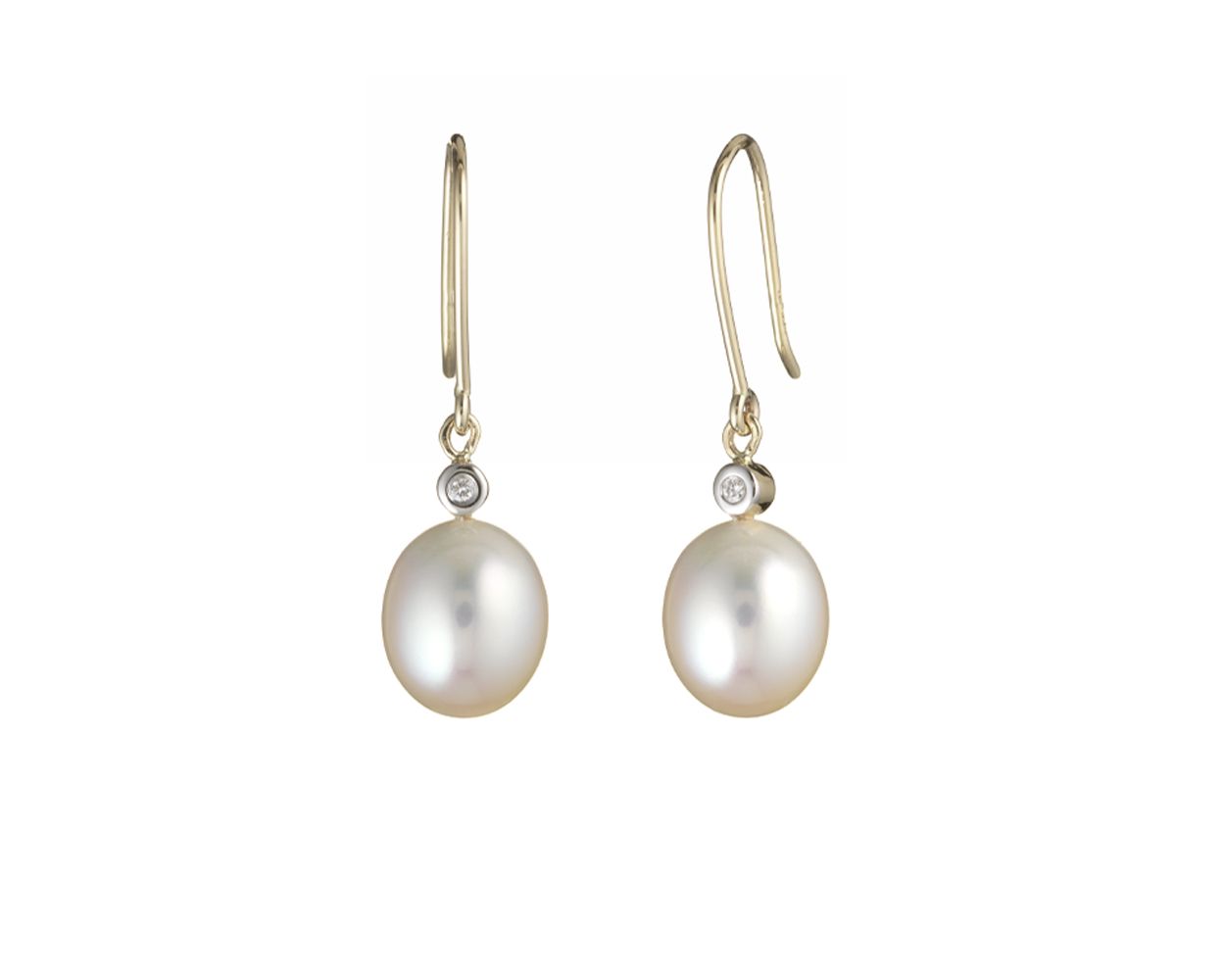 Freshwater Drop Pearl & Diamond Hook Earrings  |  9ct Yellow Gold