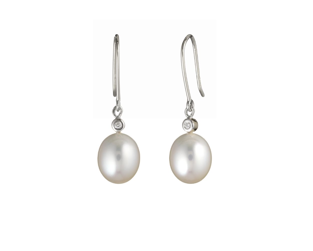 Freshwater Drop Pearl & Diamond Hook Earrings  |  9ct White Gold