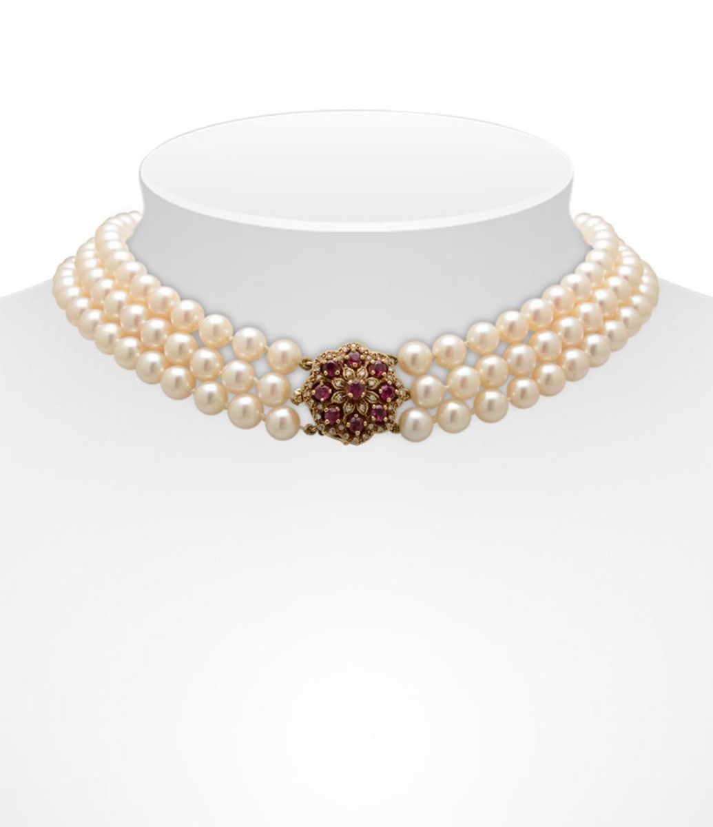Triple Row Akoya Pearl Necklace With Ruby And Diamond Cluster Clasp