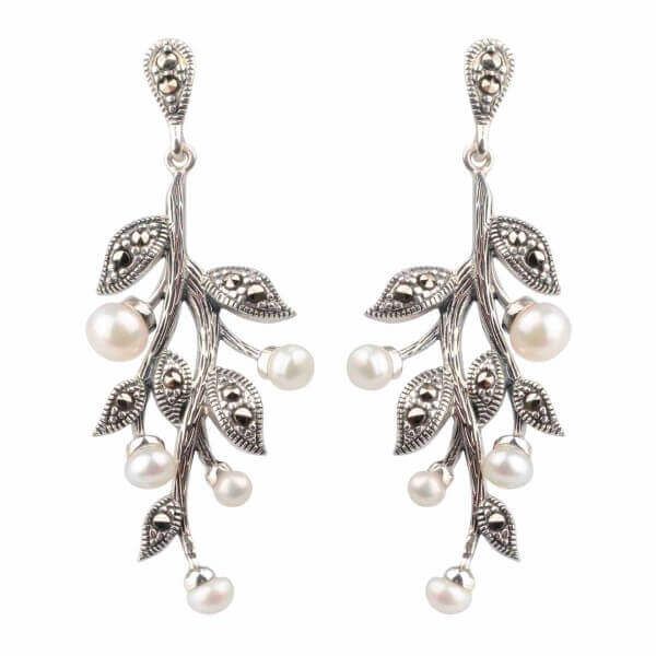 Silver Marcasite & Freshwater Cultured Pearl Drop Earrings