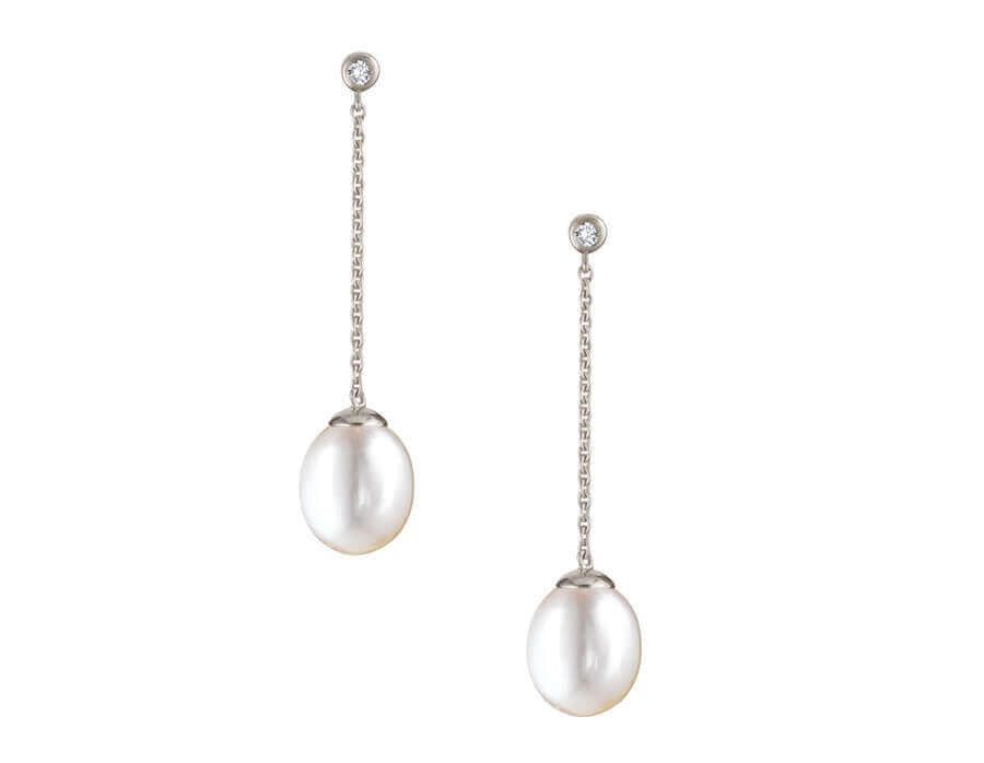 White gold long drop Pearl and Diamond earrings