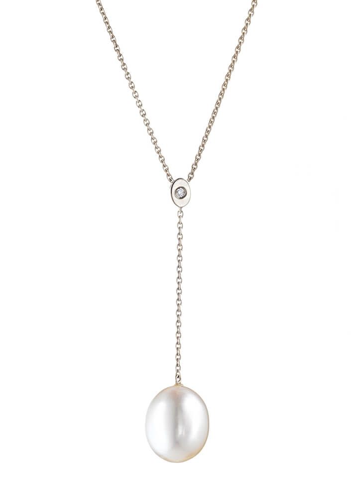 White Gold long drop freshwater pearl and diamond necklace
