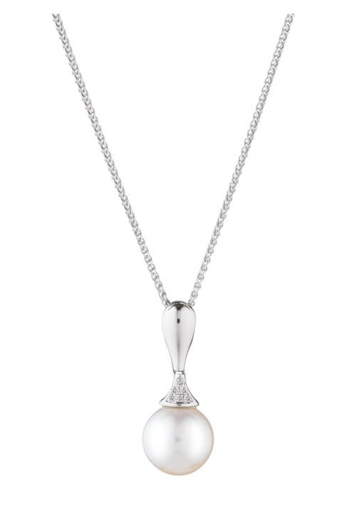 Contemporary Sleek Design Freshwater Pearl & Diamond Pendant | 18 ct White Gold
