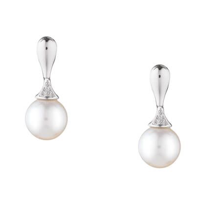Contemporary Pear-shape Pearl and Diamond Drop Earrings  |  18ct White Gold