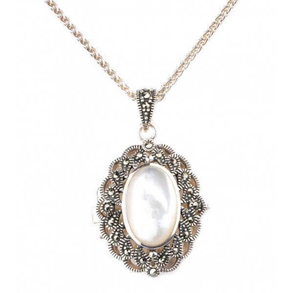  Mother of Pearl & Marcasite Oval Locket/Pendant and Chain  |  Silver