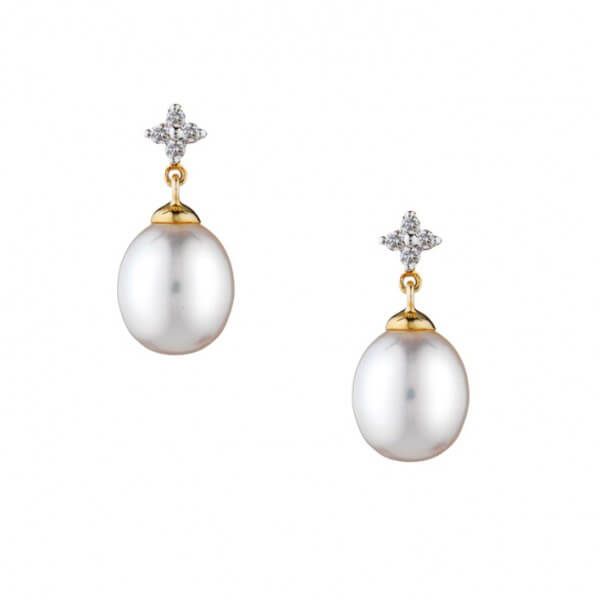 Diamond & Freshwater Cultured Pearl Drop Earrings  |  9ct Yellow Gold