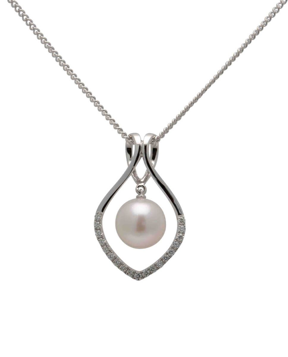 Akoya Pearl & Diamond Contemporary Openwork Pendant | 18ct White Gold