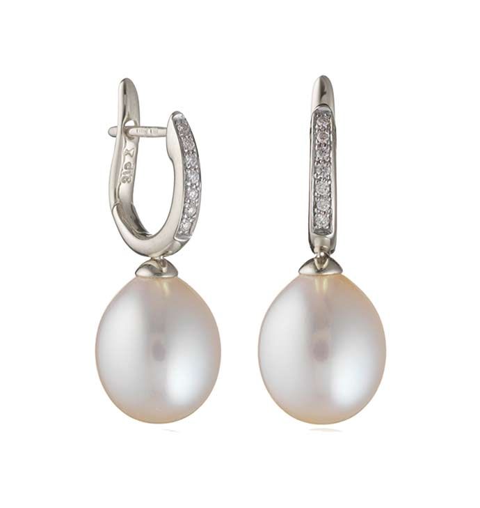 Freshwater Pearl and Diamond Huggie Earrings