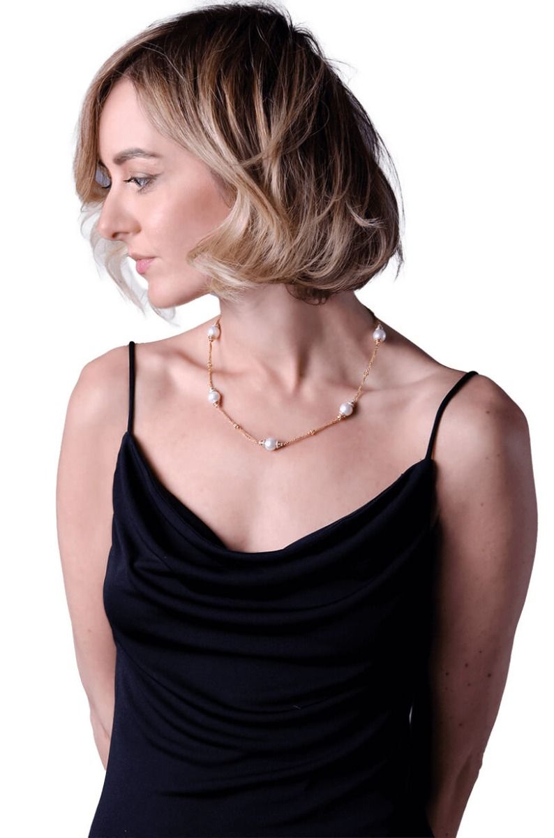 Freshwater Pearl & Diamond Triple Chain "Mary Berry" Necklace | 18ct Yellow gold 